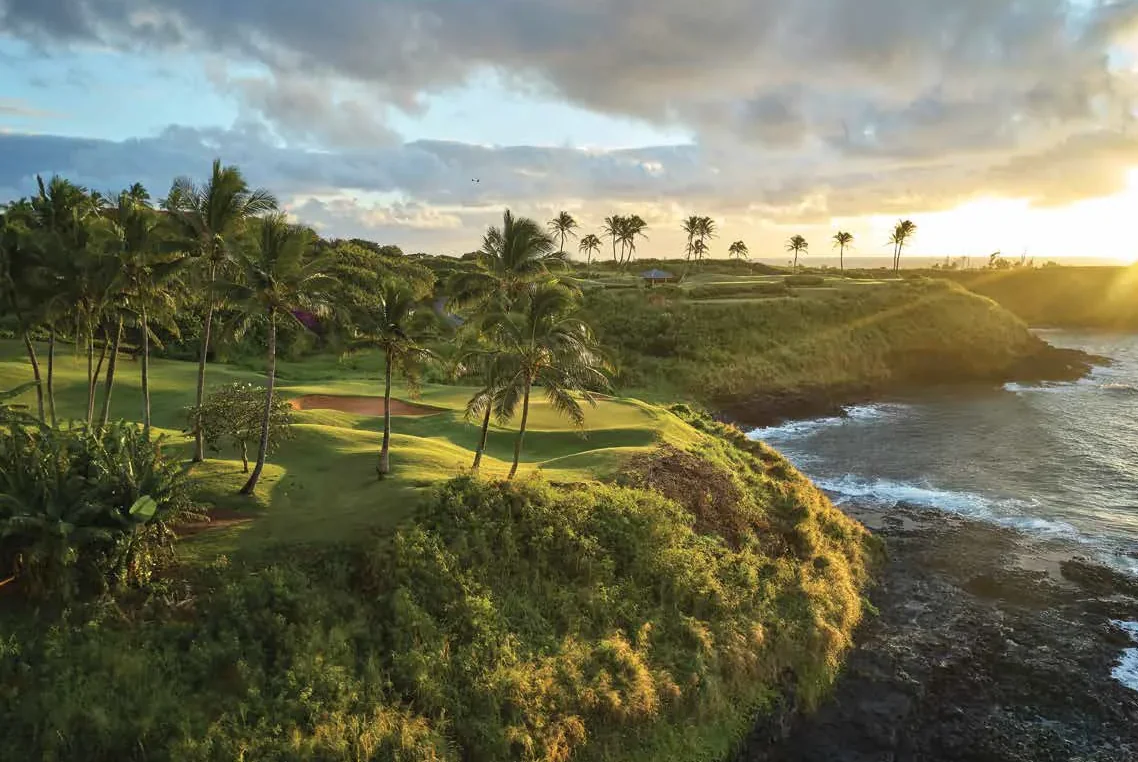 A clifftop par 3 over the Pacific at sunset, Poipu Bay