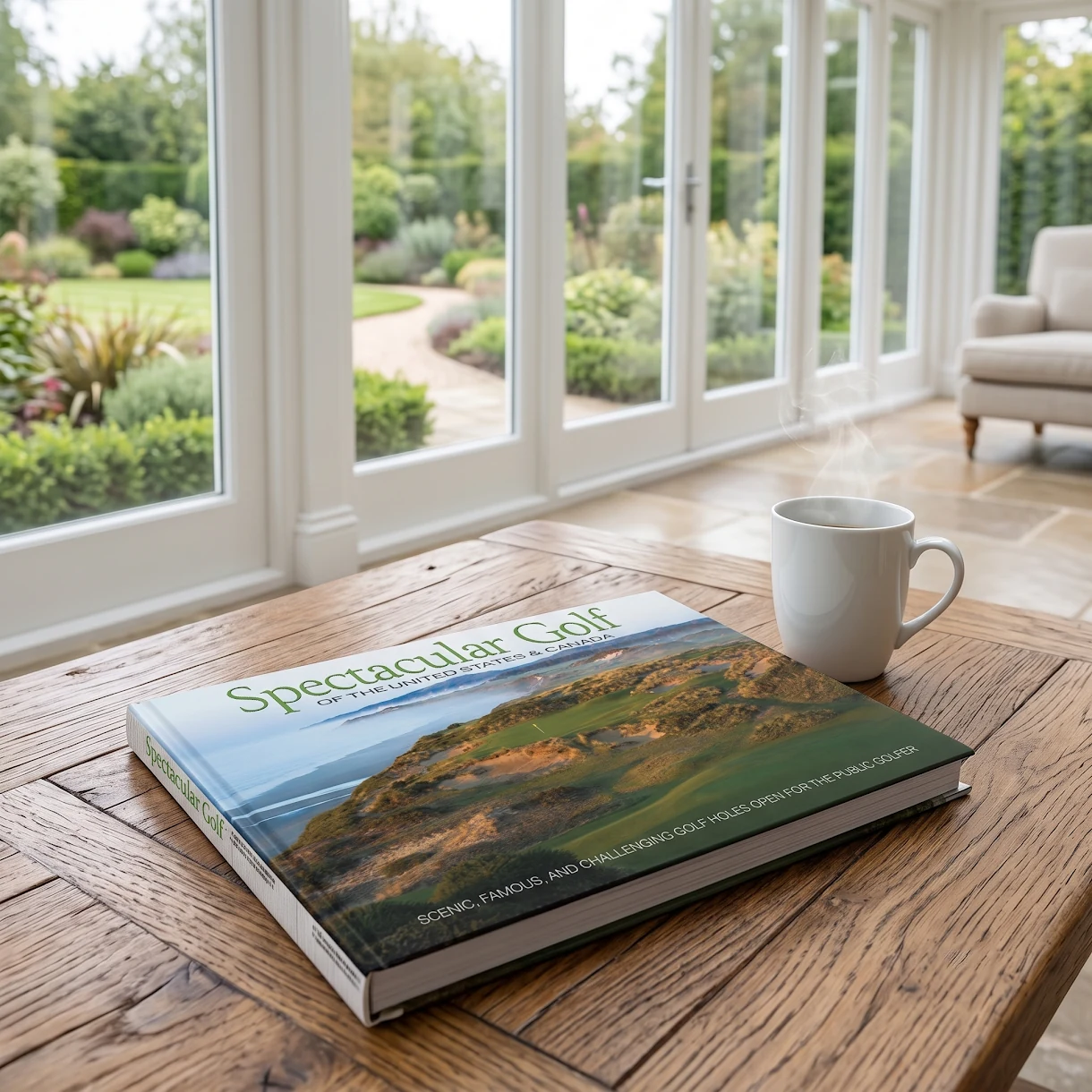 The Spectacular Golf hardcover on an oak table in a bright sunroom, coffee alongside