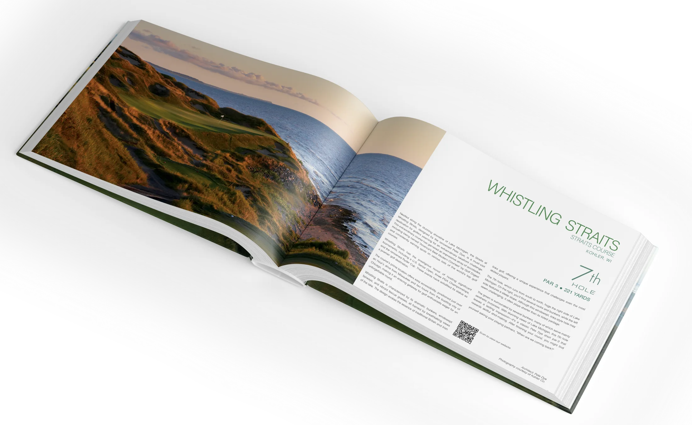 The book open to its full spread on Whistling Straits' 7th hole — large photograph left, story and playing notes right